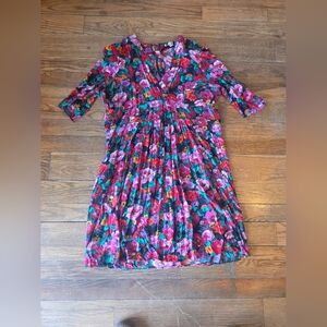 Vintage Floral Wrap Midi Dress in Pink & Teal